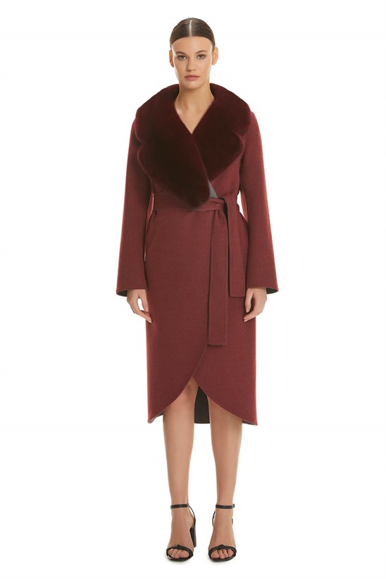 Shaky Women's Loro Piana 100% Wool Fabric Coat with Mink trimming Claret Red/Grey