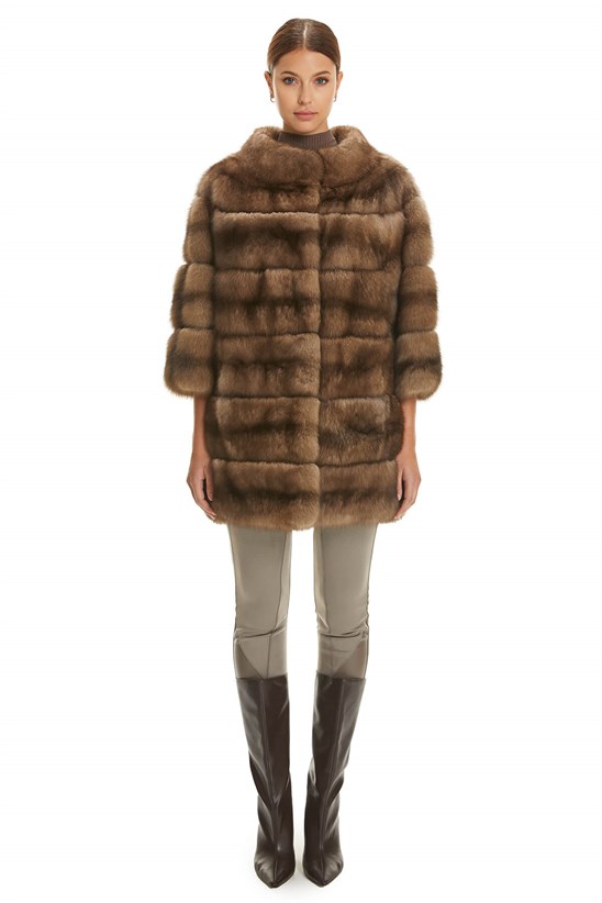 Shaky Women's Sable Fur Short Coat with Suede Leather trimming Tortora