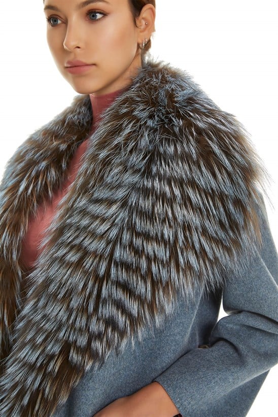 Shaky Women's Loro Piana 100% Wool Fabric Coat with Fox trimming Camel/Blue