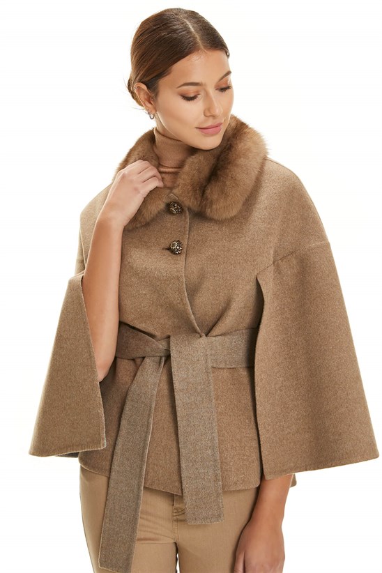 Shaky Women's Loro Piana 100% Wool Fabric Jacket with Sable trimming Camel/Grey