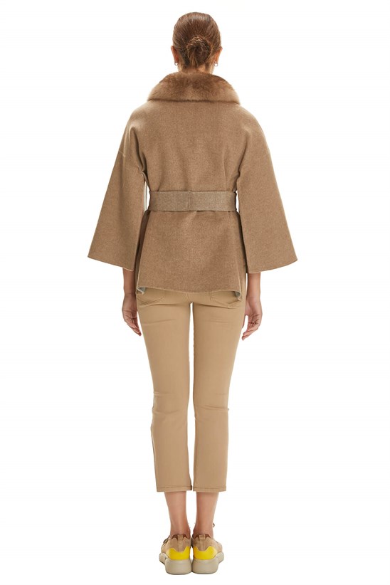 Shaky Women's Loro Piana 100% Wool Fabric Jacket with Sable trimming Camel/Grey